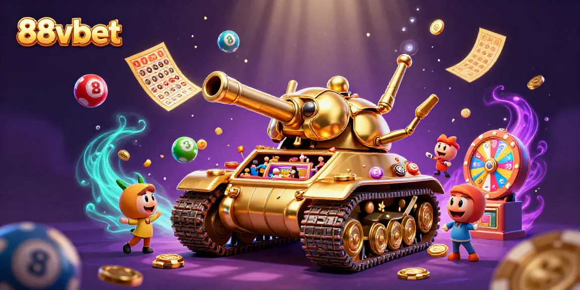 Experience the thrill of 88vbet’s mini casino within a golden beetle tank, surrounded by vibrant lottery elements.