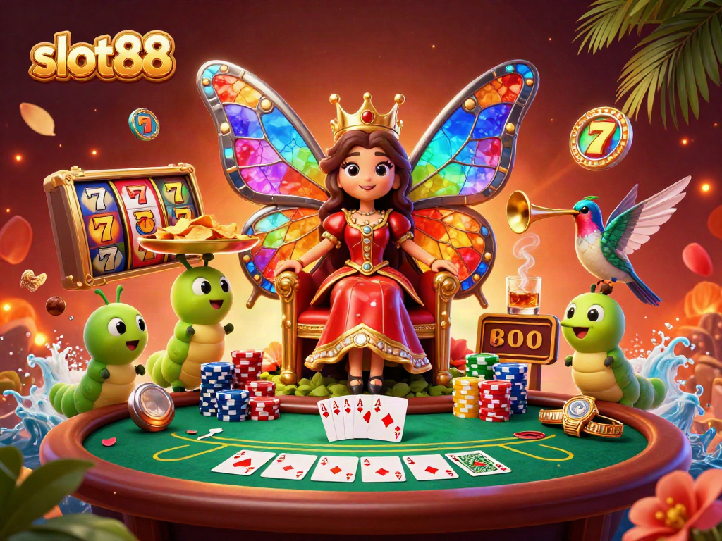 slot88 menampilkan ratu kupu-kupu 3D di arena permainan dengan chip emas dan simbol slot.