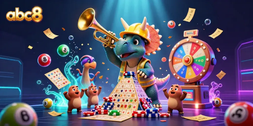 Celebrate victory with the abc8 triceratops building a pyramid of poker chips.