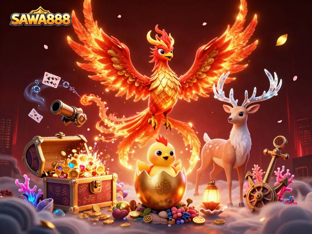 SAWA888 presents a vibrant 3D scene of a phoenix rising, highlighting slots and casino action.