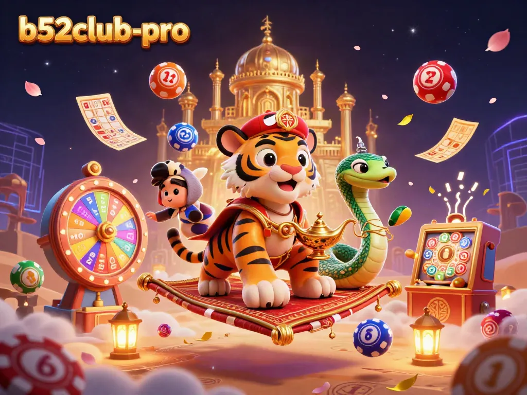 Experience the excitement at b52club-pro with a vibrant casino-themed illustration highlighting games and characters.