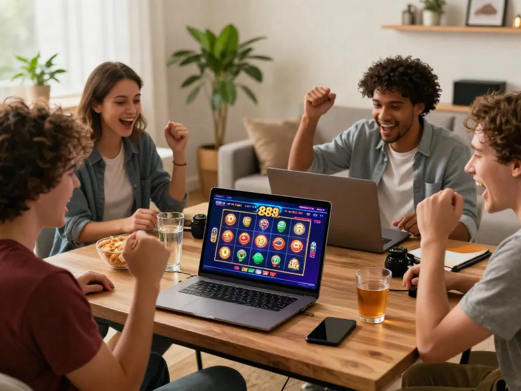 Excited players enjoying slot88 games on a modern laptop, snacks and drinks around.