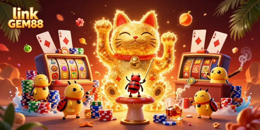 Experience vibrant gameplay with the link GEM88 casino, showcasing a dazzling fantasy of slots and poker elements.