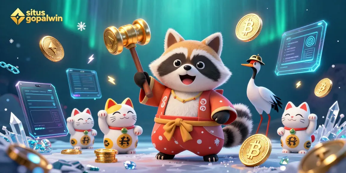 Experience excitement at situs gopalwin with cheerful tanuki and crypto-themed casino elements.