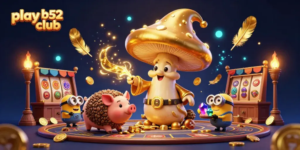 Experience the vibrant excitement of play b52 club with a magical golden wizard, treasure, and dynamic gambling elements.