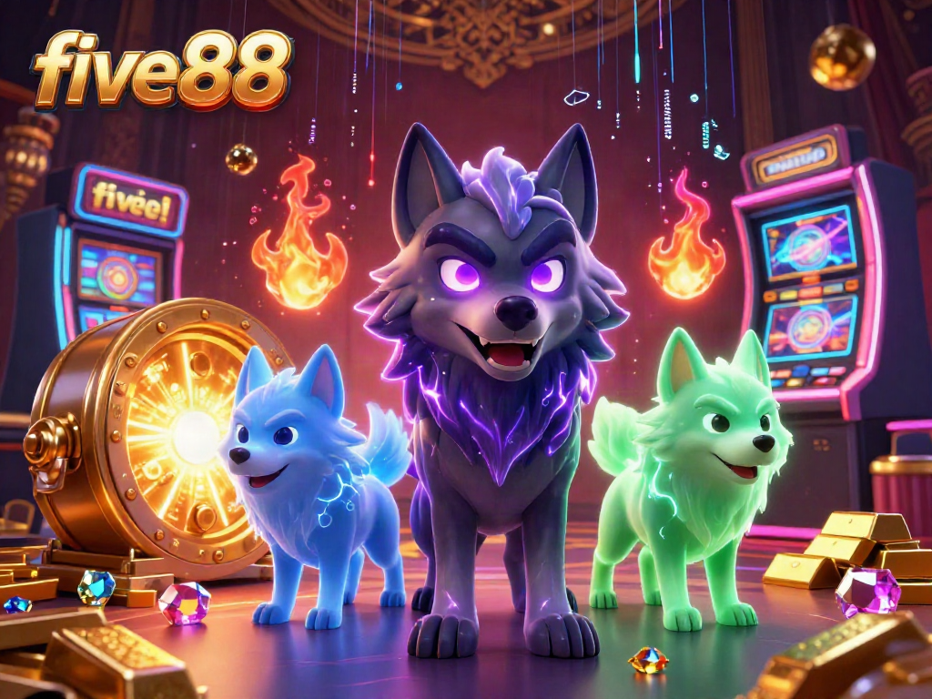 Engage with five 88 in an electrifying casino scene filled with vibrant treasures and dynamic wolf companions.