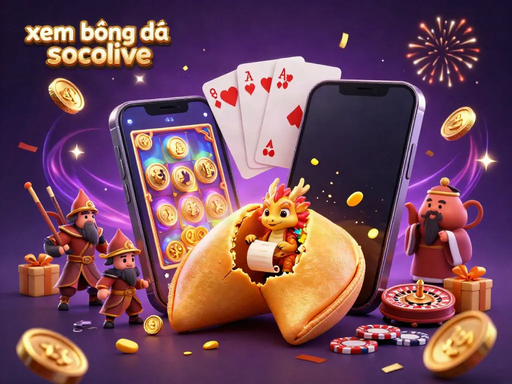 The scene showcases xem bóng đá socolive with a golden fortune cookie, a wise dragon, and gaming elements like slot games and confetti.