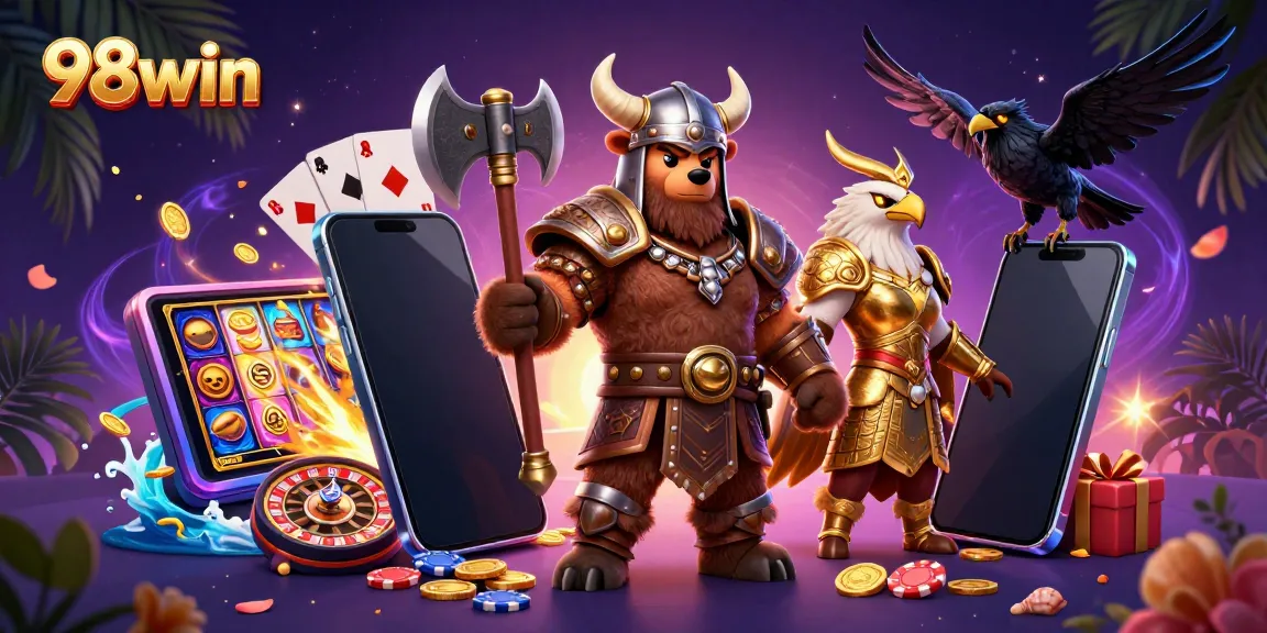 Experience thrilling gameplay with 98win in an exciting casino-themed illustration featuring dynamic characters and vibrant games.