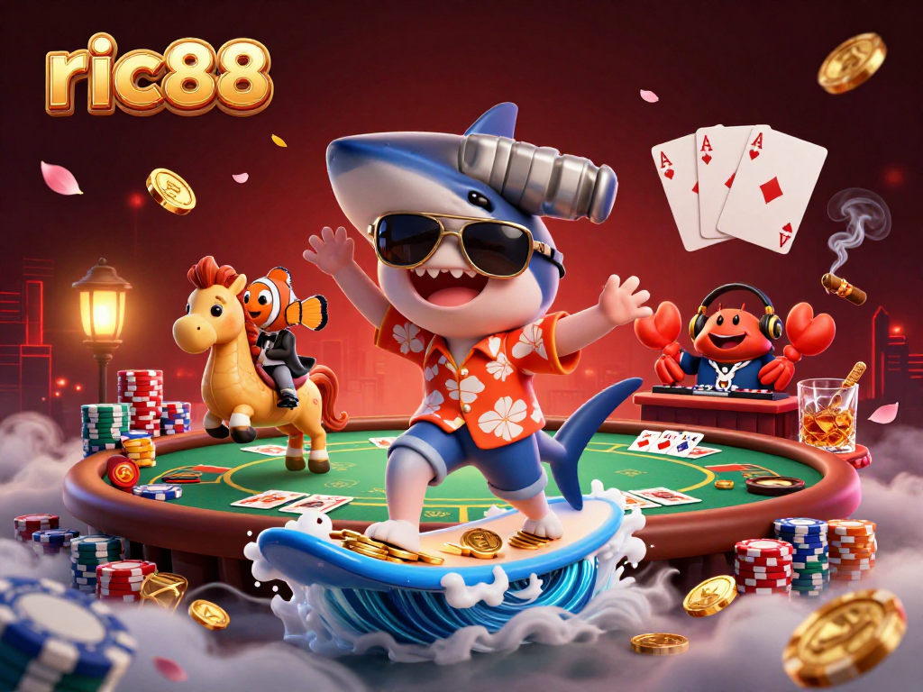 Experience ric88's vibrant gameplay with a thrilling shark surfing scene capturing casino excitement.