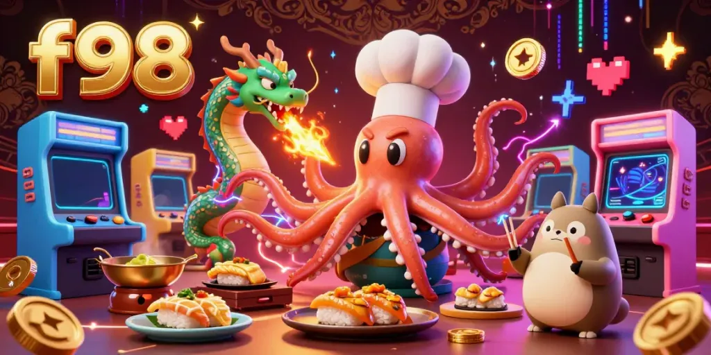 Experience thrilling f98 gaming with a whimsical octopus chef, dragon, and dynamic arcade elements.