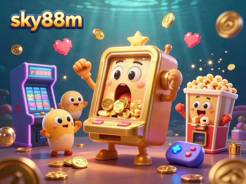 sky88m celebrates big wins with a golden slot machine hitting jackpots and cheering baby machines.