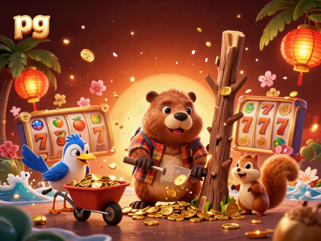 Experience the excitement of pg-themed slots with a vibrant 3D cartoon illustration featuring playful characters and casino elements.