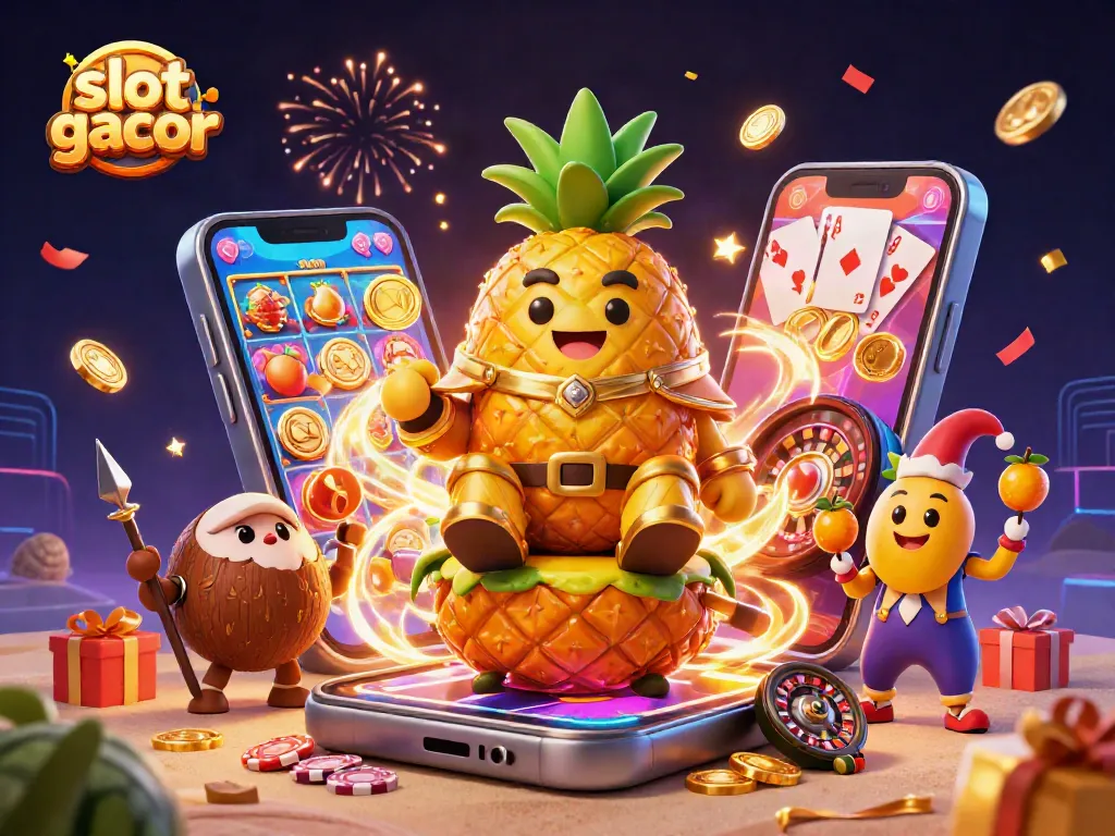 Experience slot gacor excitement with a vibrant, lively scene full of gaming action, symbols, and festive characters.