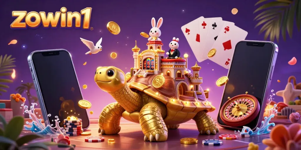 Play exciting games at zowin1 with the golden tortoise casino scene featuring vibrant slot elements.