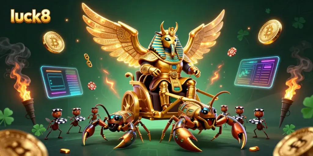 Experience thrilling gameplay at luck8 with a dazzling scene of a golden scarab and scorpions amidst vibrant crypto-themed elements.
