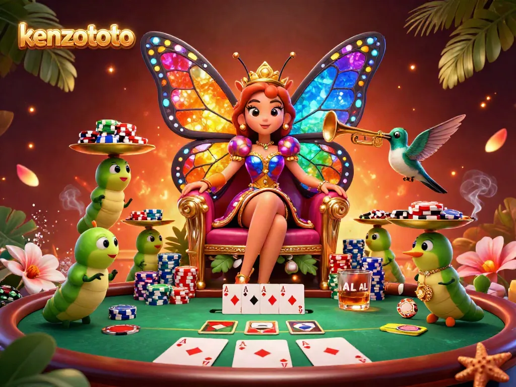Experience rich gameplay with kenzototo illustrated by a vibrant butterfly queen and dynamic poker elements.