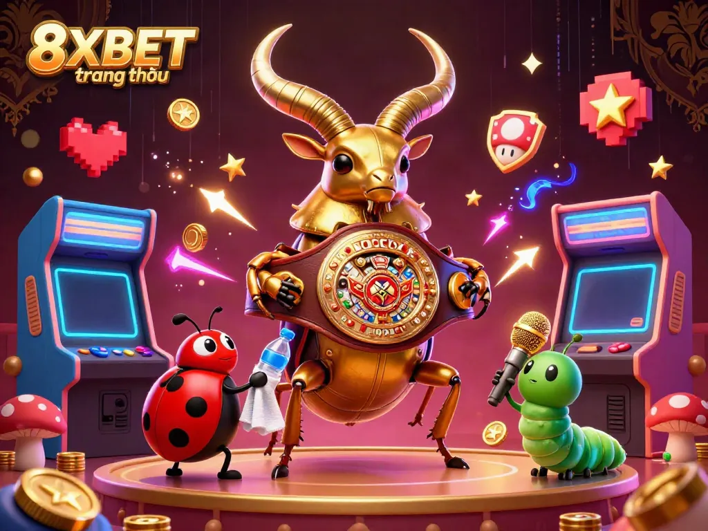 The vibrant scene of the giant golden stag beetle, the tiny ladybug corner-man, and the caterpillar announcer portrays the excitement of gambling, intrinsic to 8XBET trang chủ.