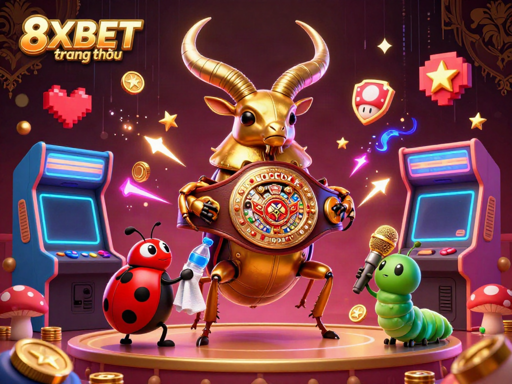 The vibrant scene of the giant golden stag beetle, the tiny ladybug corner-man, and the caterpillar announcer portrays the excitement of gambling, intrinsic to 8XBET trang chủ.