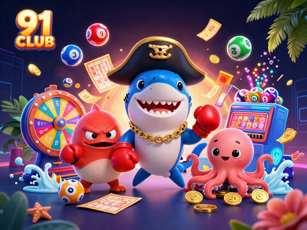 Engage in thrilling games at 91 CLUB with vibrant characters and casino elements.