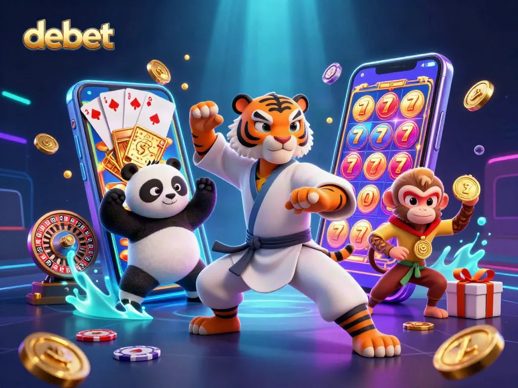 Engage with debet's exciting casino atmosphere featuring kung fu characters amidst vibrant slot games.