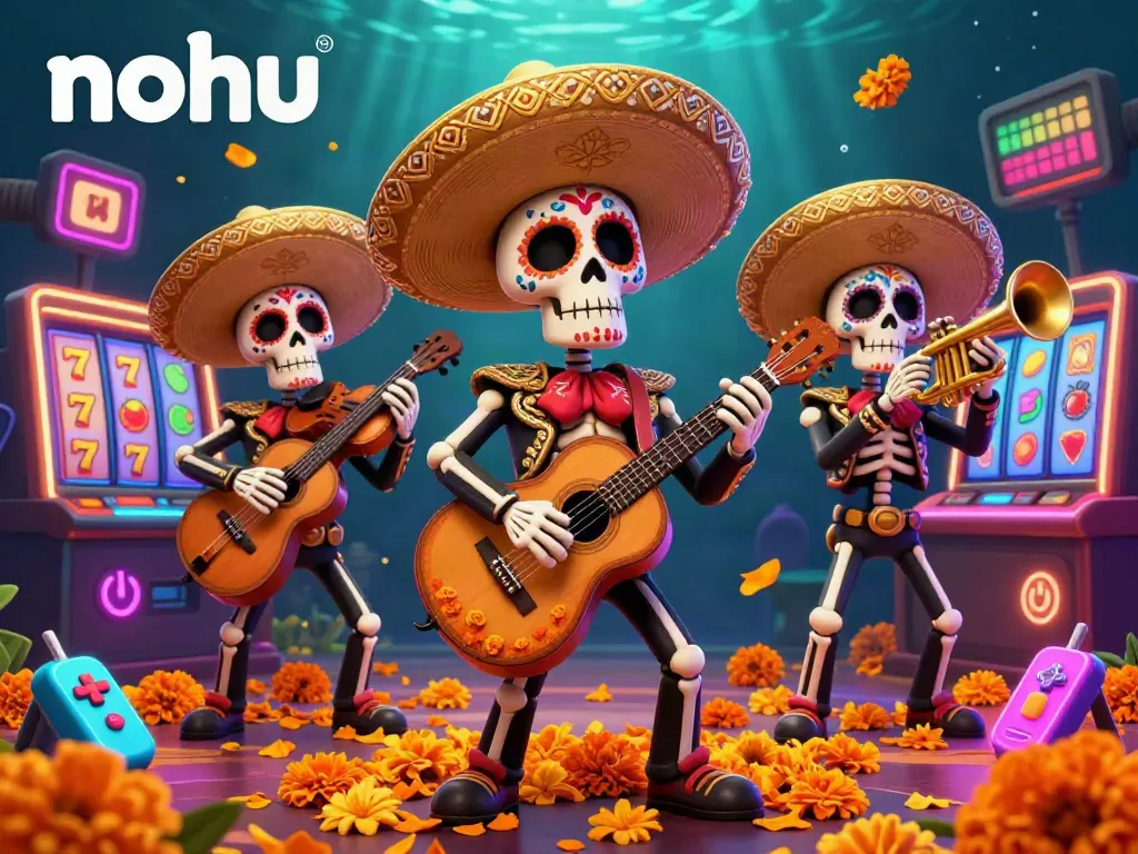 Experience vibrant nohu casino action with spirited mariachi skeletons amidst colorful slot elements.