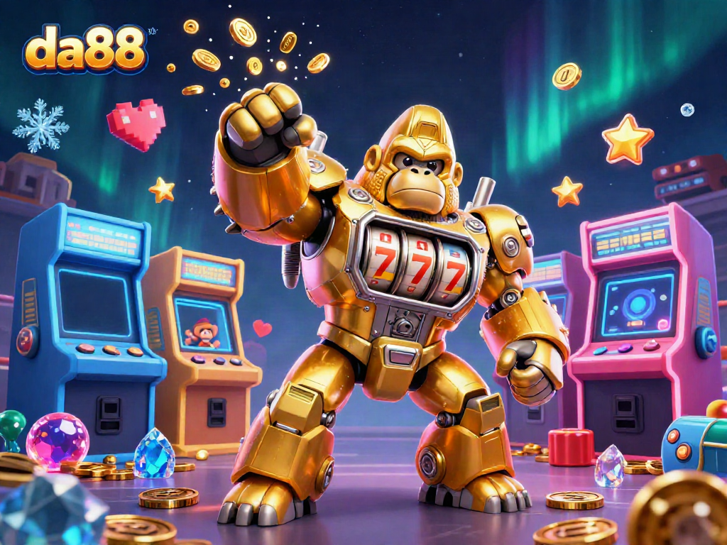 Experience thrilling wins at da88 with vibrant gaming scenes of golden gorilla mechs and dazzling arcade machines.