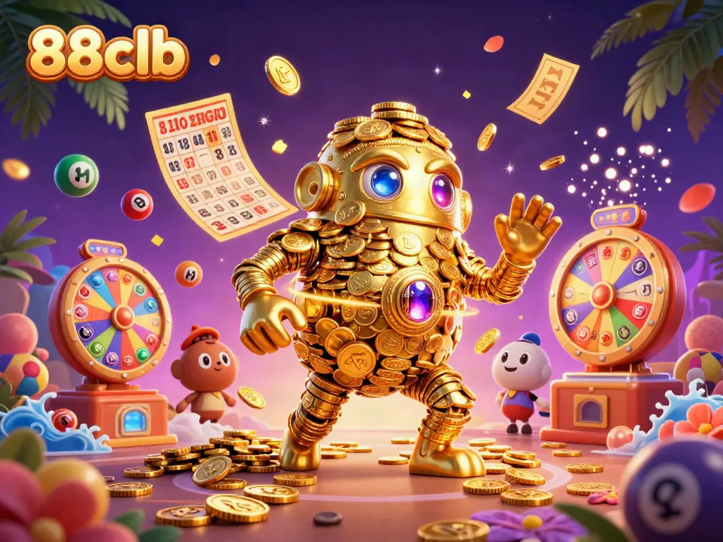 Engage with 88clb’s vibrant 3D illustration of casino excitement featuring a golden golem and dynamic lottery elements.