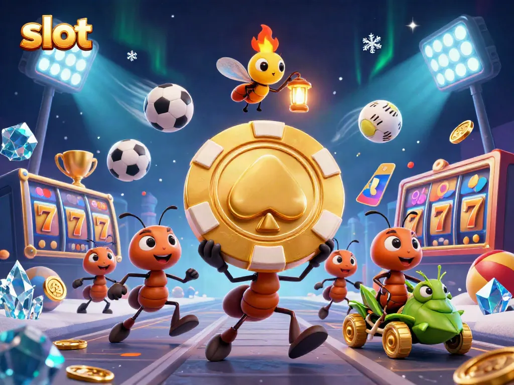 Ants on a heist showcasing a slot jackpot, surrounded by vibrant casino elements.