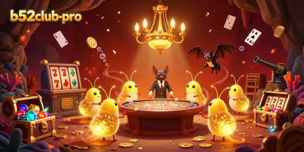 Experience vibrant gameplay with b52club-pro, featuring glowworms illuminating a cave casino.
