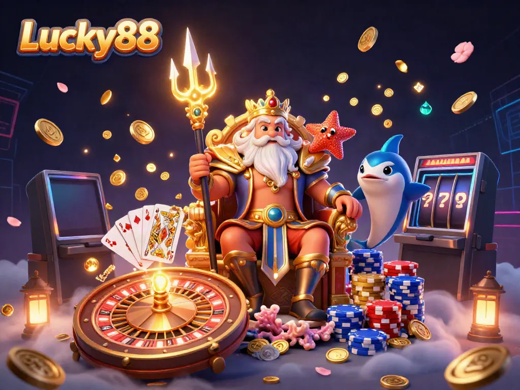 Experience Lucky88 with vibrant casino elements, including Neptune and samurai, in a dynamic 3D illustration.