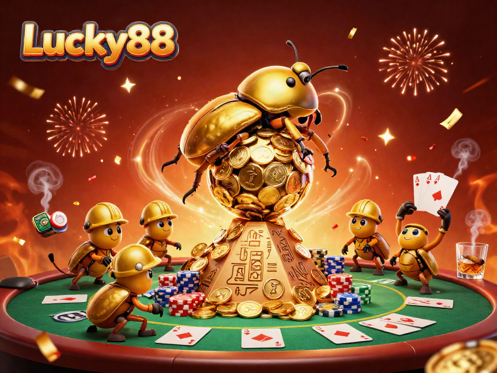 Engage with Lucky88's thrilling casino experience featuring golden beetle symbols amidst poker elements.