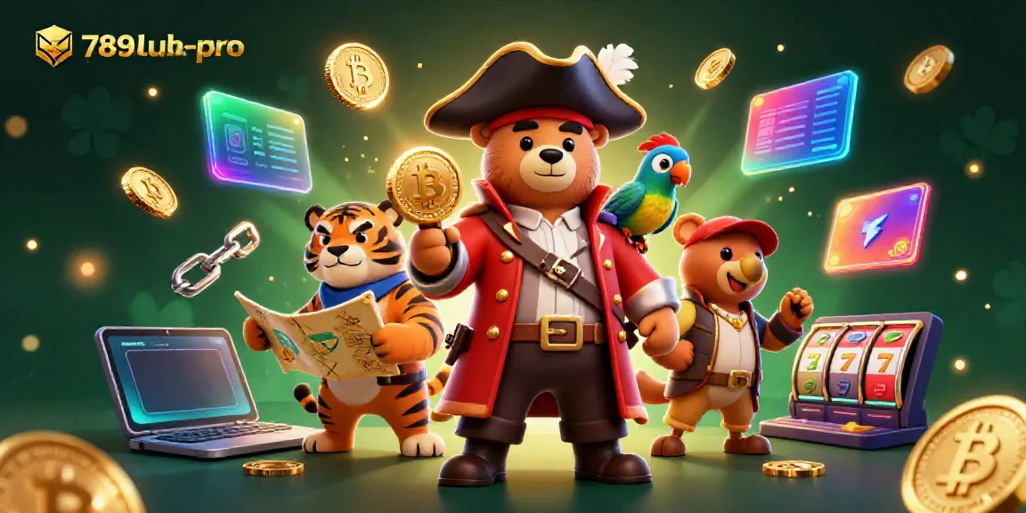Engage with 789lub-pro through a dynamic casino adventure featuring a pirate bear, tiger, and golden cryptocurrency elements.