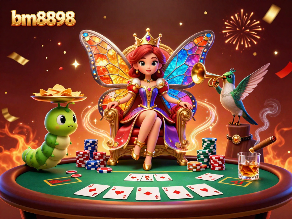 Engage in the vibrant world of bm8898 casino with a butterfly queen and dynamic poker scene.