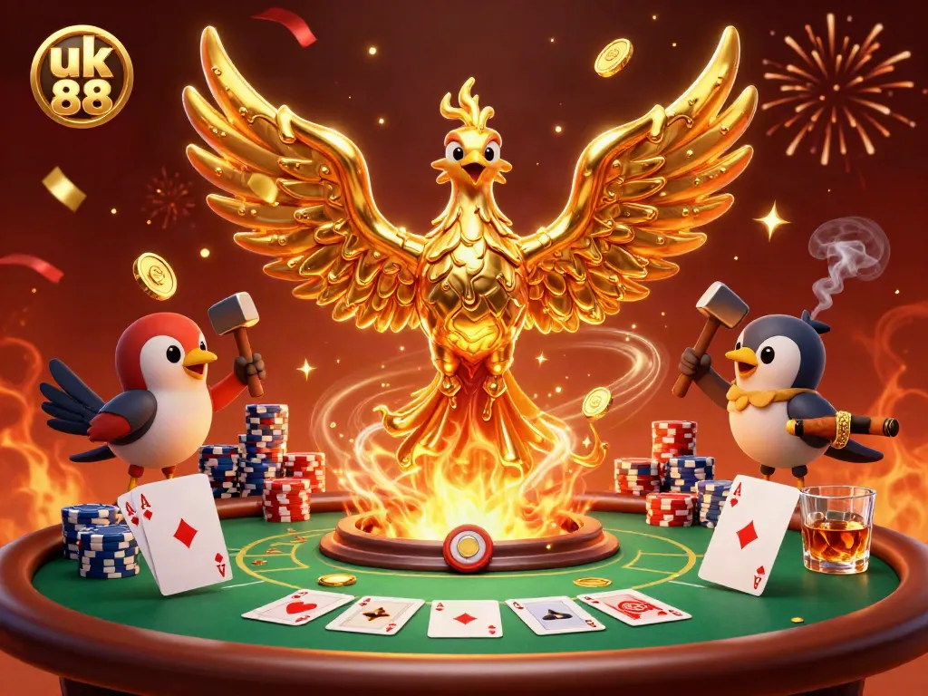 Experience the thrilling games at uk 88 with a dynamic casino scene featuring a molten phoenix and poker elements.