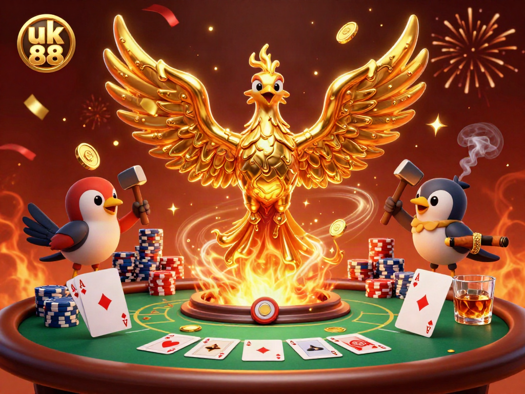 Experience the thrilling games at uk 88 with a dynamic casino scene featuring a molten phoenix and poker elements.