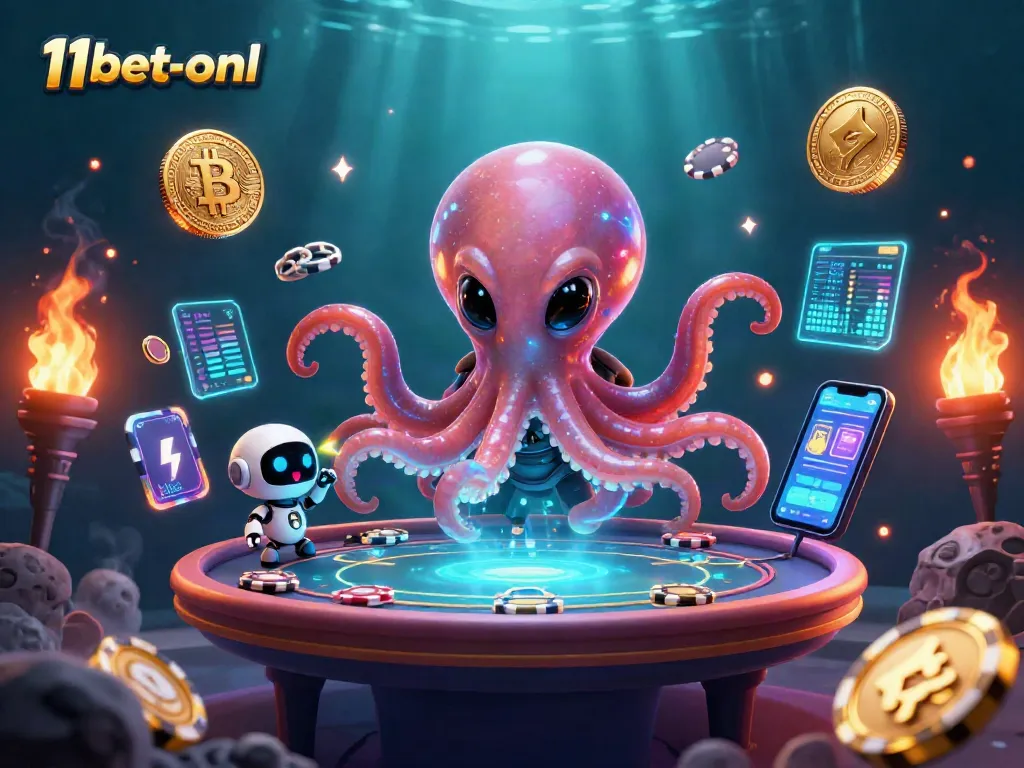 Engage with 11bet-onl's vibrant space casino scene featuring a cute alien octopus playing poker.
