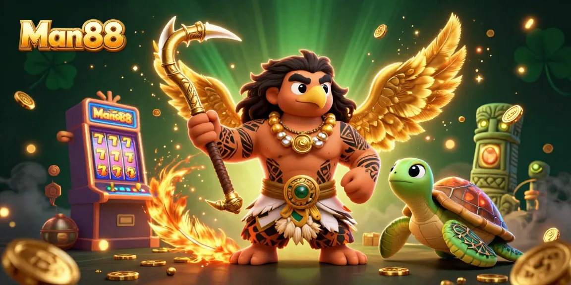 Engage with the exciting world of Man88, featuring a demigod hawk, slot machines, and vibrant game elements.