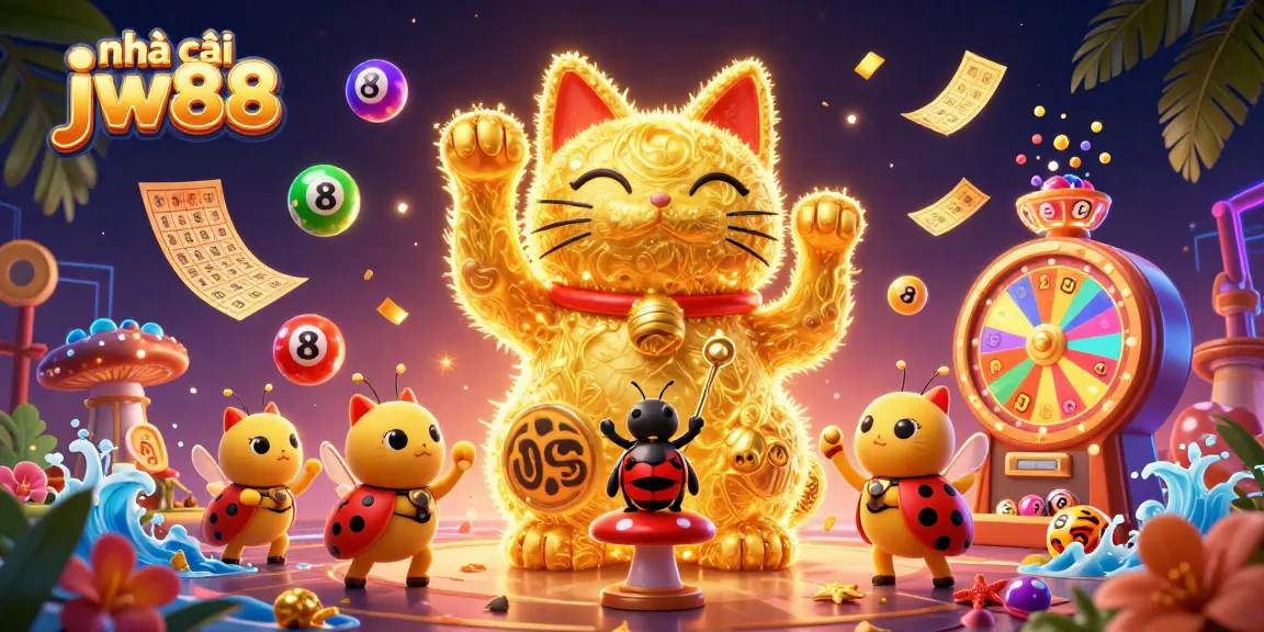 Experience vibrant games at nhà cái jw88 with a giant lucky cat and dynamic casino symbols in a colorful 3D scene.