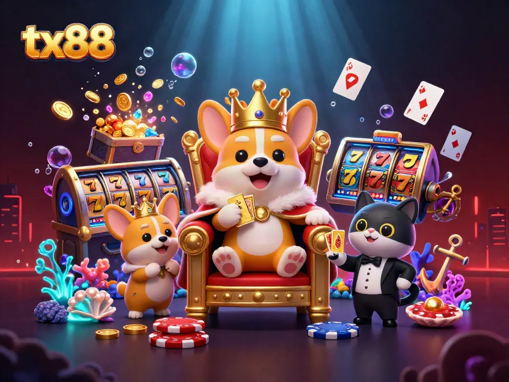 tx88 casino scene featuring a royal corgi on a throne of chips with golden card deck