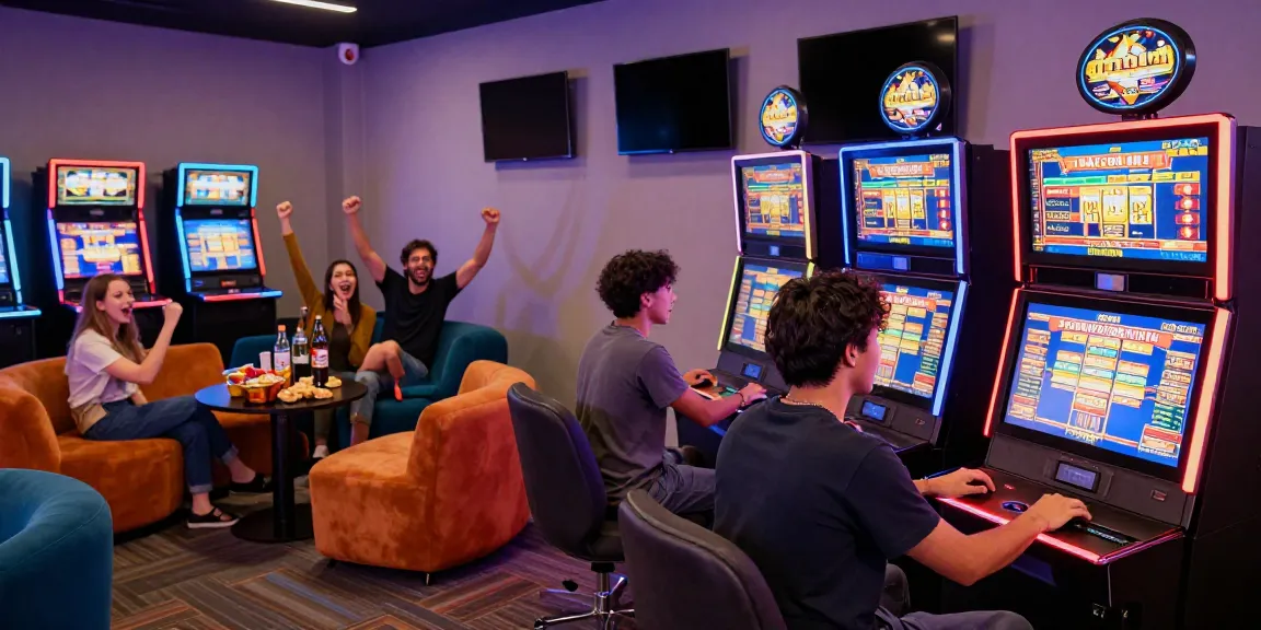 Exciting gaming lounge scene with friends enjoying slot gacor hari ini.