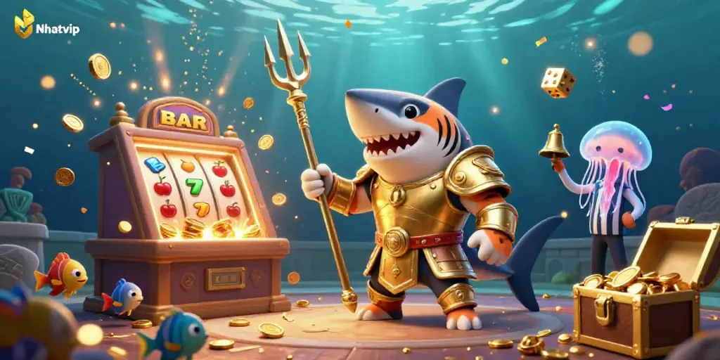 Nhatvip showcases a vibrant underwater casino filled with excitement, featuring a tiger shark and slot machines.