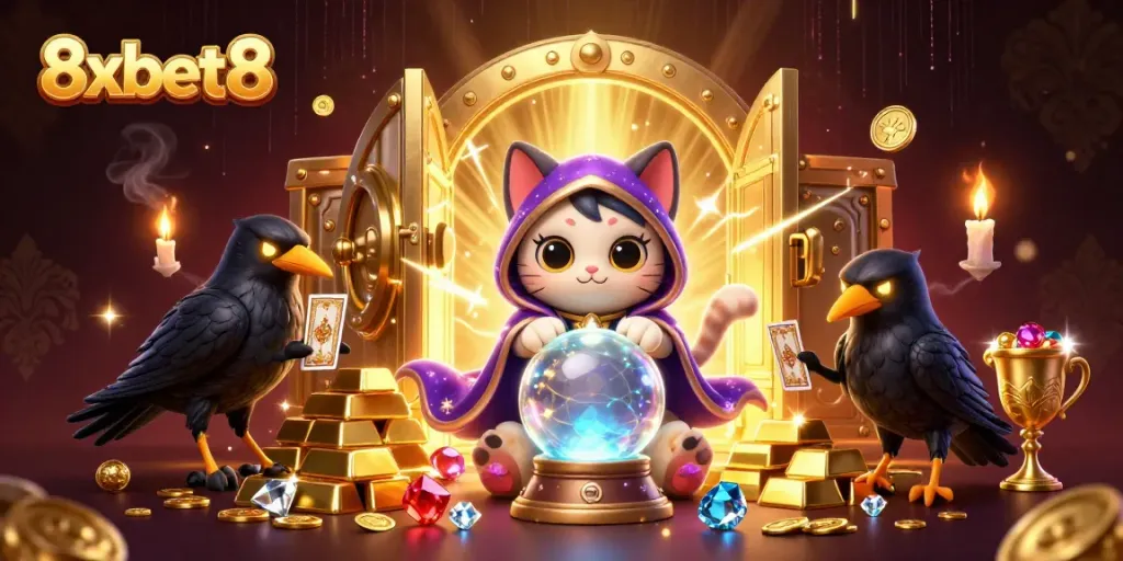Experience thrilling fun with 8xbet8 casino games featuring fortune teller cat and tarot raven.