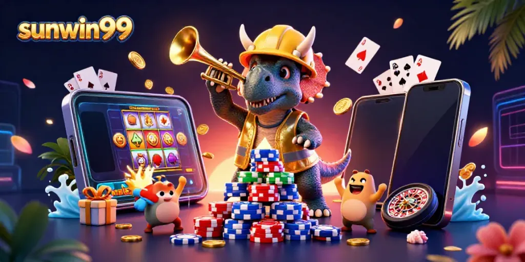 Engage with sunwin99 as a triceratops builds a poker chip pyramid in a vibrant casino setting.