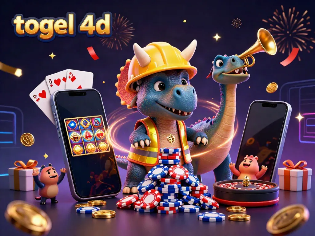 Membangun peluang besar dengan togel 4D melalui ilustrasi kasino 3D yang ceria dan dinamis.