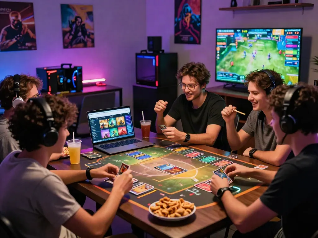 Group of friends enjoying a gaming night at https://sunwint4.com/ with colorful LED lights.