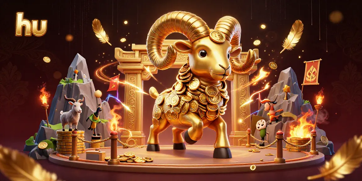 Experience thrilling moments with hu, featuring a dynamic golden ram charging through a vibrant casino atmosphere.