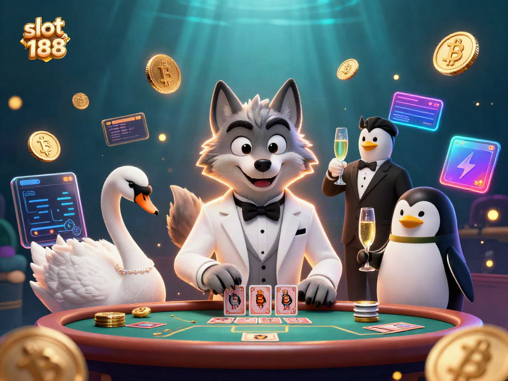 Mengakses slot 188 melalui ilustrasi meriah dengan karakter kasino kartun yang elegan dan elemen crypto futuristik.