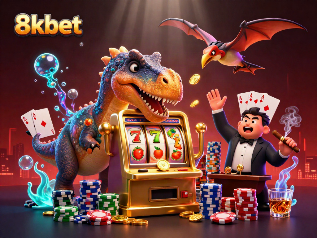 8xbet engages players with a thrilling casino scene featuring a dinosaur and jackpot coins