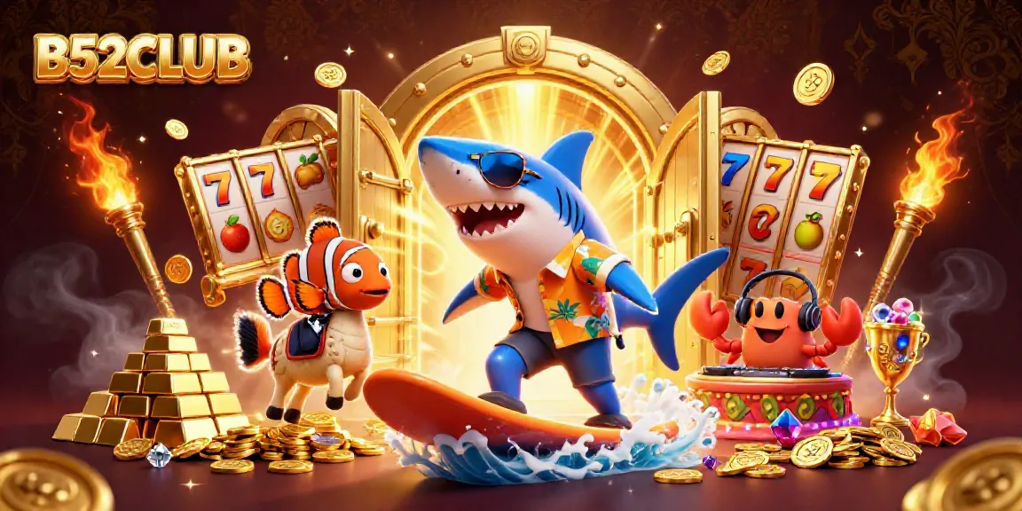 Experience the excitement of B52CLUB with a vibrant 3D illustration featuring a shark surfing on gold coins.