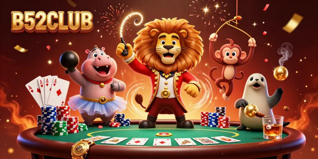 B52CLUB showcases vibrant 3D circus characters amidst poker action and festive effects.